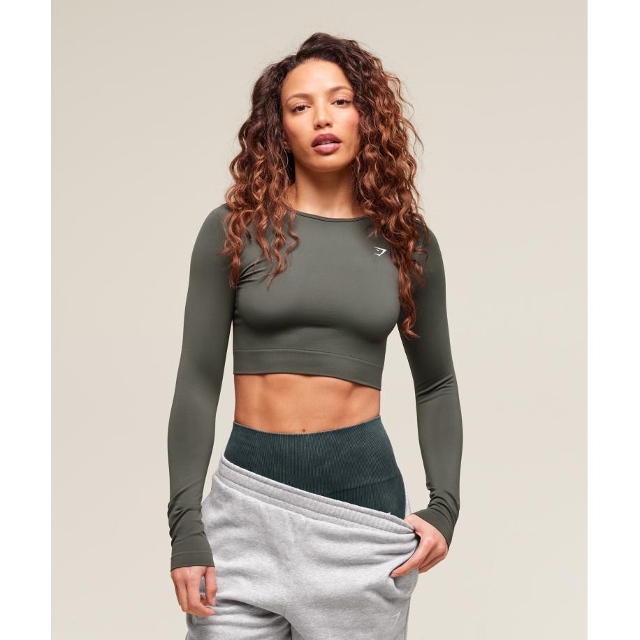 Gymshark Everyday Seamless Long Sleeve Crop Top Strength Green Groen