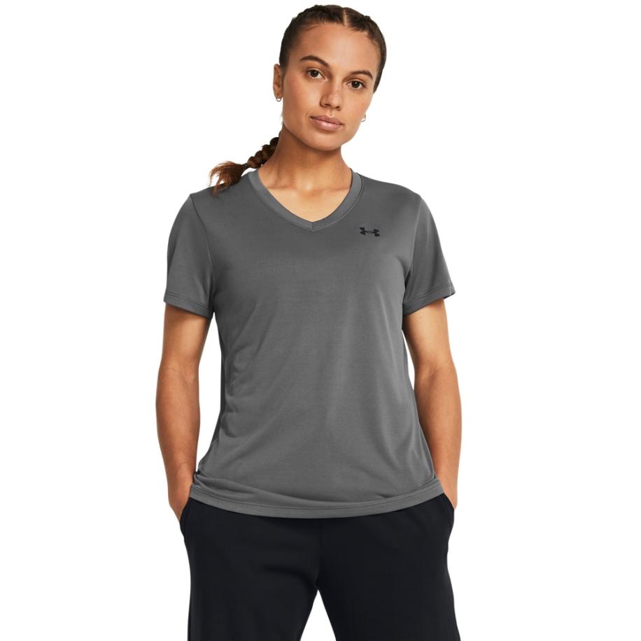 Under Armour Tech™ Damesshirt met V-hals en korte mouwen Castlerock / Zwart XS Grijs