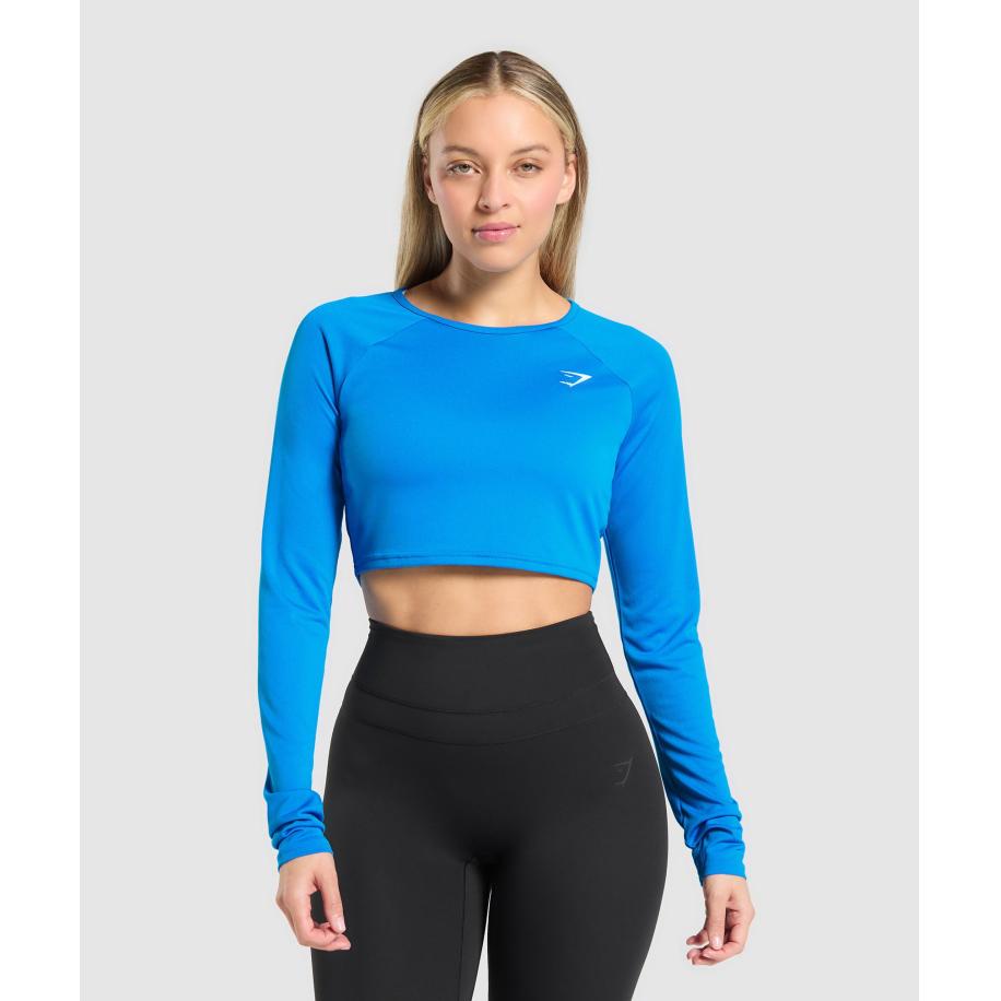 Gymshark Training Long Sleeve Crop Top Barbell Blue Blauw