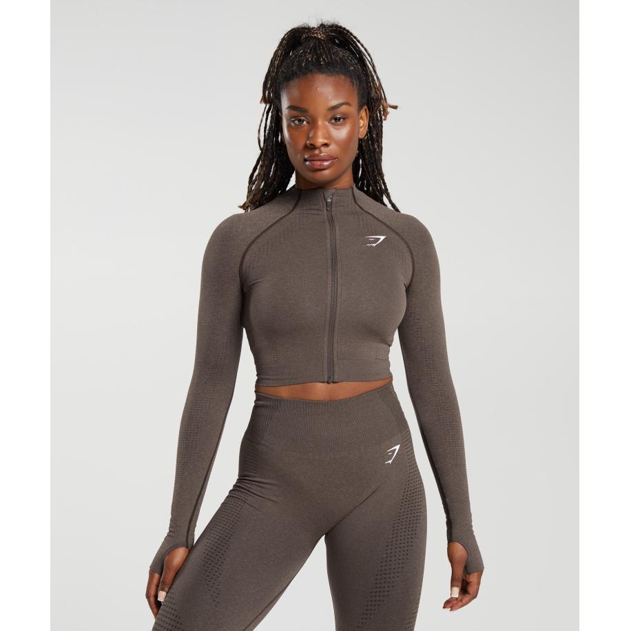 Gymshark Vital Midi Zip Up Jacket Brown Marl Bruin
