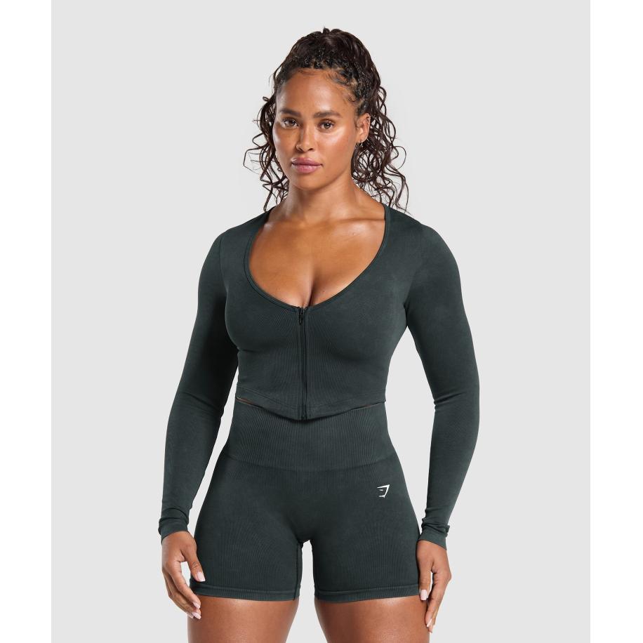 Gymshark Gains Seamless Washed Zip Up Jacket Black Zwart