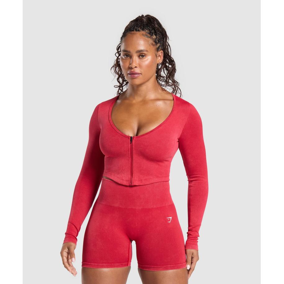 Gymshark Gains Seamless Washed Zip Up Jacket Carmine Red Rood