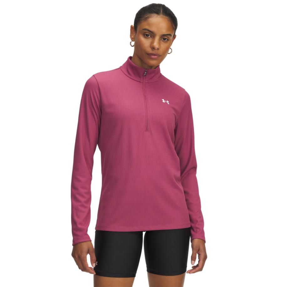 Under Armour Tech™ Rib Damesitem met korte rits Fuchsia Dusk / Wit XXL Rood