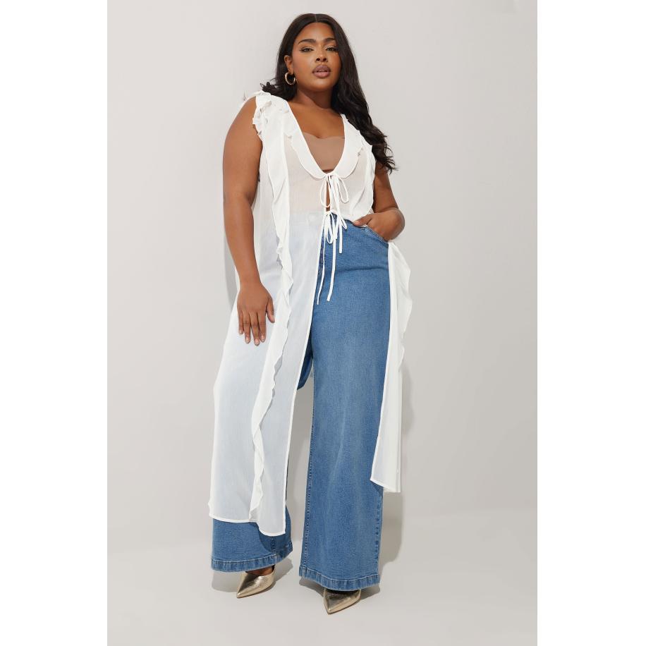 Limited Collection Maxi Chiffon Kimono Zonder Mouwen In Wit Size 48 Wit