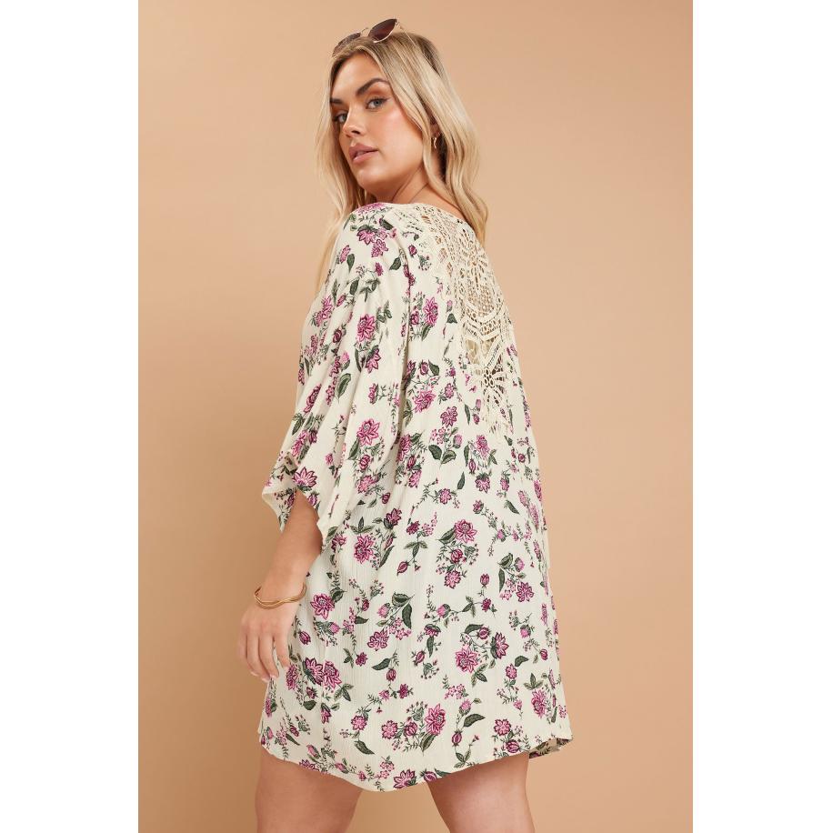 Yours Kimono Van Kreukelstof Met Bloemenmotief En Gehaakte Inzet In Beige/Roze Size 66-68 Bruin