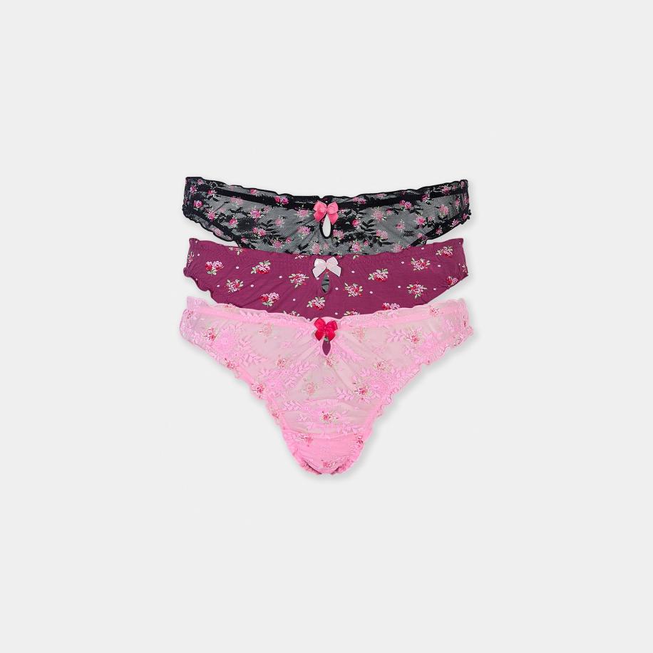 Printed Thongs (3-Pack) Pink Print XL Multicolor