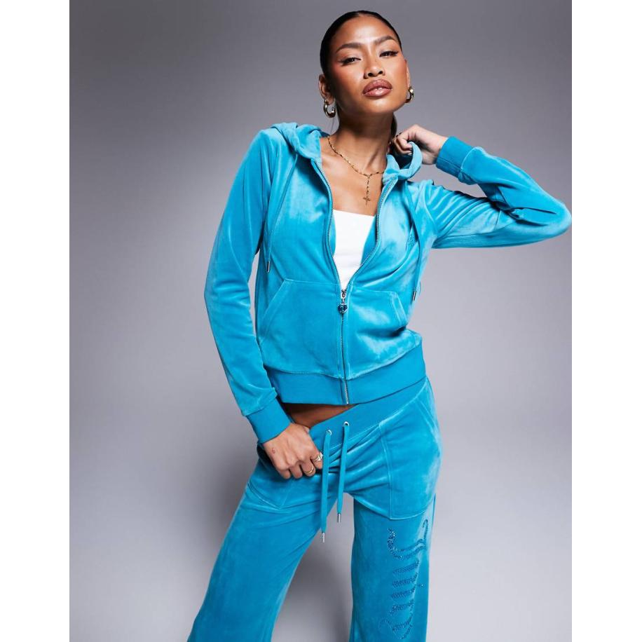 Juicy Couture Velours hoodie met rits en logo in turquoise, deel van co-ord set-Blauw Blauw