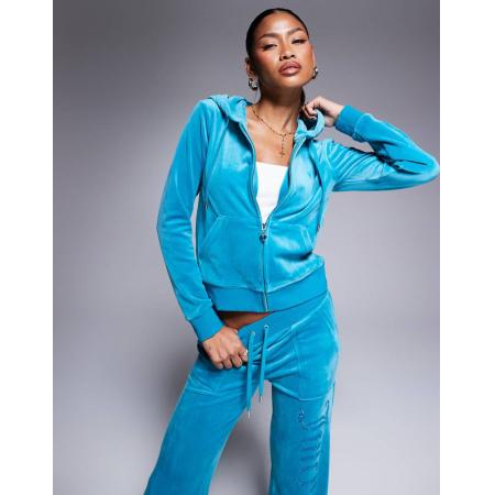 Juicy Couture Velours hoodie met rits en logo in turquoise, deel van co-ord set-Blauw