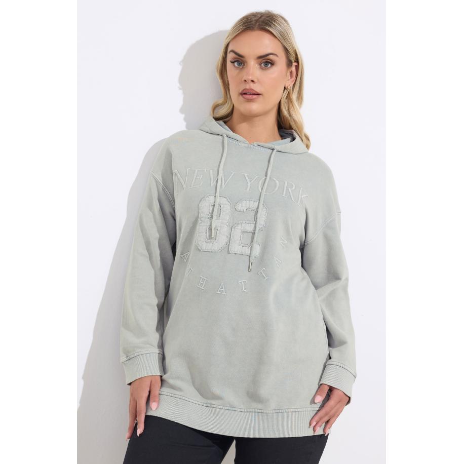 Yours Curve Lichtgrijze 'New York' Geborduurde Slogan Hoodie Size 58-60 Grijs