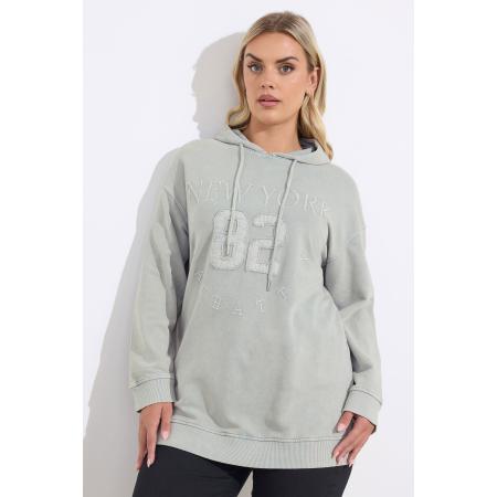 Yours Curve Lichtgrijze 'New York' Geborduurde Slogan Hoodie Size 58-60