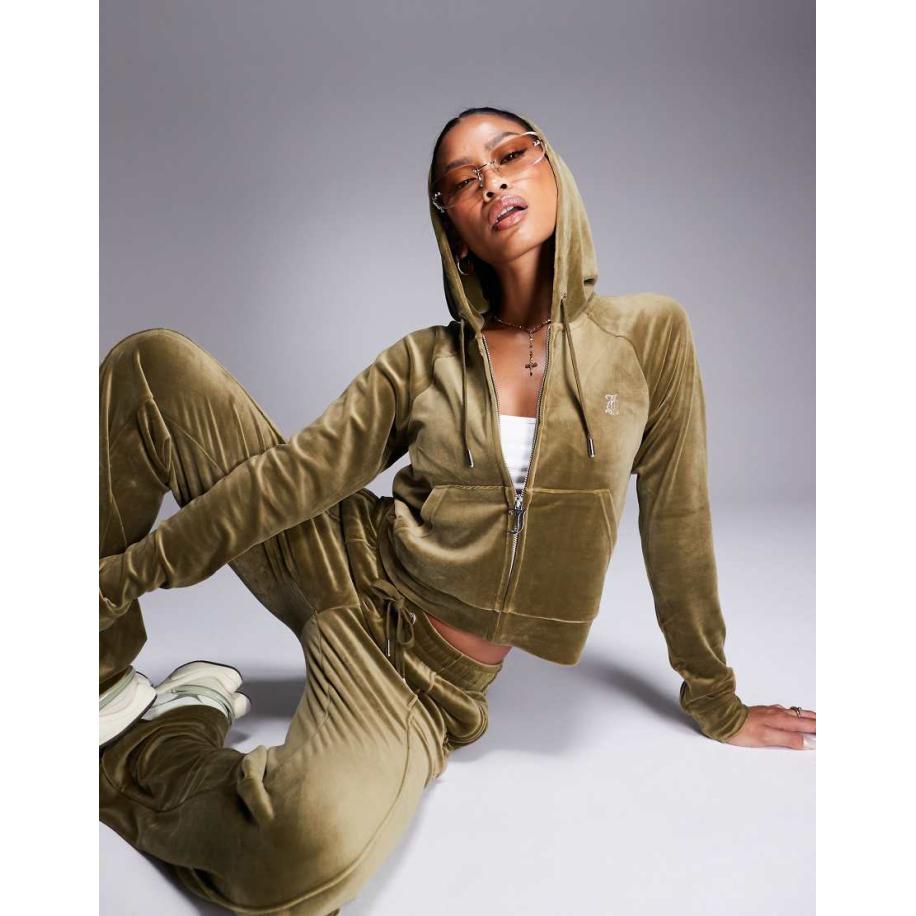 Juicy Couture Velours hoodie met rits in olijf, deel van co-ord set-Groen Groen