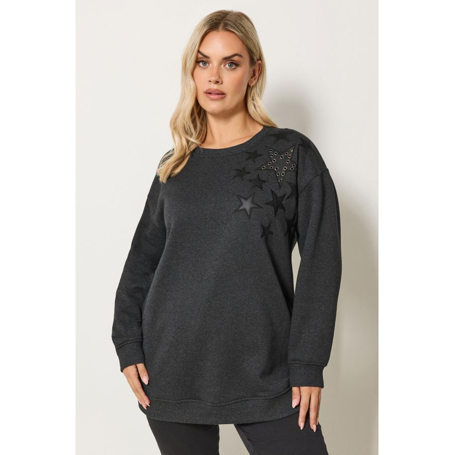 Yours Curve Grijs Sweatshirt Met Sterdetail En Oogjes Size 58-60 Grijs