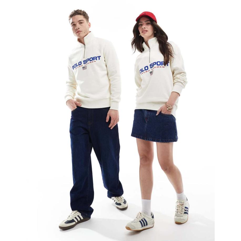 Polo Ralph Lauren - Sport Capsule - Uniseks sweatshirt met groot vlaglogo en korte rits in crème, deel van co-ord set-Wit Wit