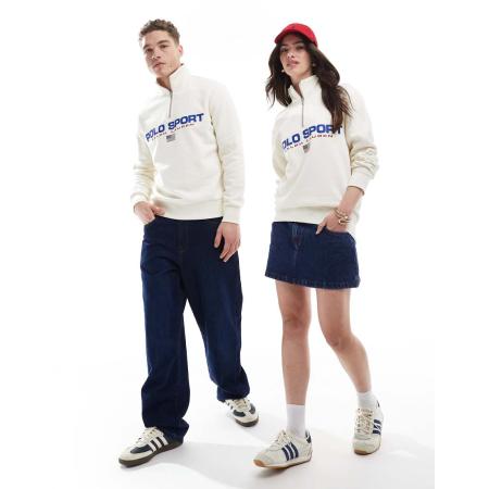 Polo Ralph Lauren - Sport Capsule - Uniseks sweatshirt met groot vlaglogo en korte rits in crème, deel van co-ord set-Wit