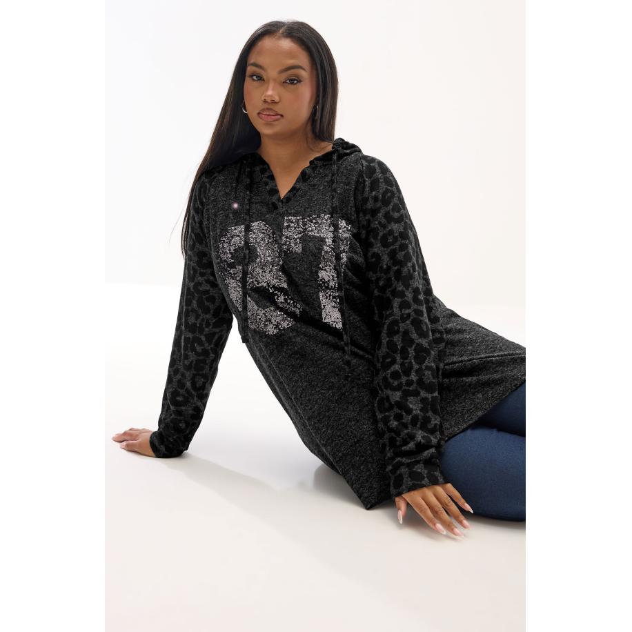 Yours Curve Charcoal Grey Leopard Sequin '87' Varsity Hoodie Size 66-68 Grijs