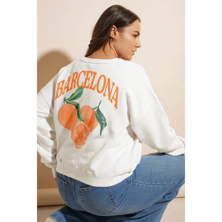 Yours Sweatshirt Met 'Barcelona' Slogan En Print Van Sinaasappels Op De Achterkant In Wit Size 54-56