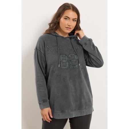 Yours Curve Charcoal Grey 'New York' Geborduurde Slogan Hoodie Size 58-60