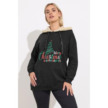 Yours Curve Zwarte 'Merry Christmas' Glitterboom Nieuwigheid Hoodie Size 54-56