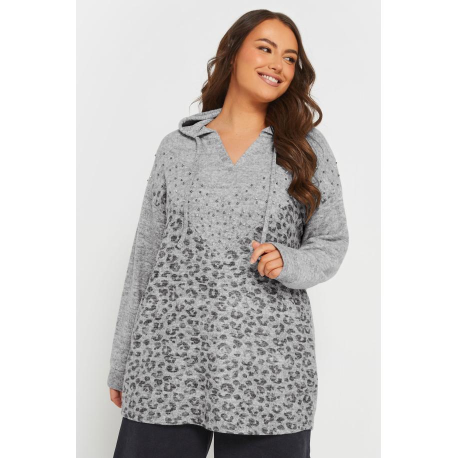 Yours Hoodie Met Luipaardprint En Studdetail In Lichtgrijs Size 58-60 Grijs