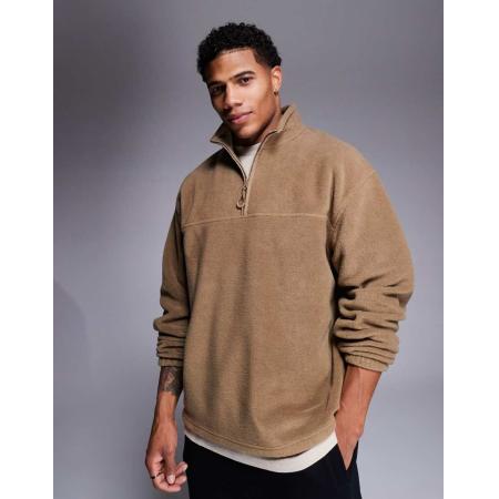 ASOS DESIGN - Oversized fleece sweatshirt met korte rits in beige-Neutraal