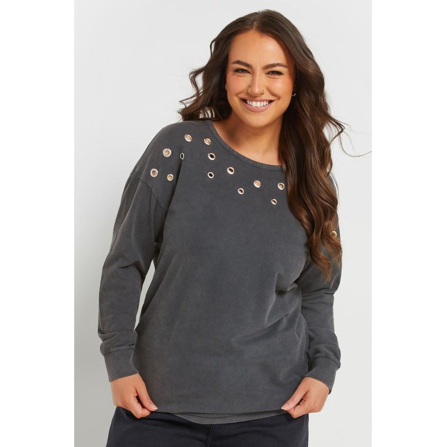 Yours Sweatshirt Met Eyelet Detail In Grijze Acid Wash Size 58-60 Grijs