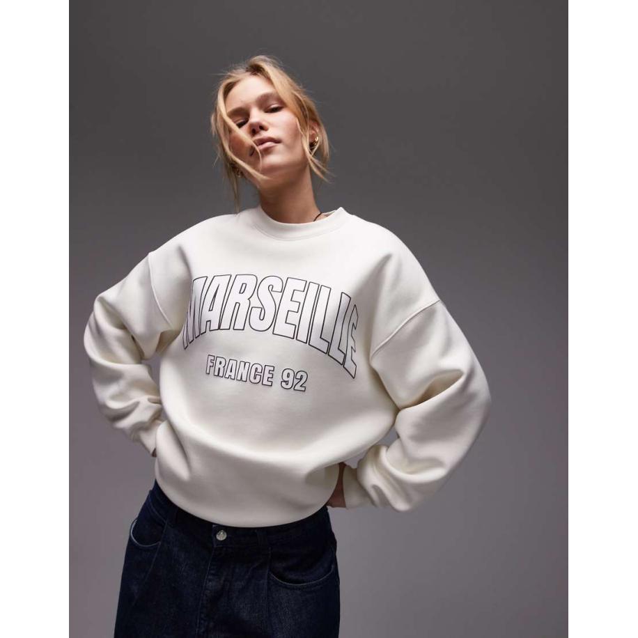 Topshop Oversized sweatshirt met grafische Marseille-print in ecru-Wit Wit
