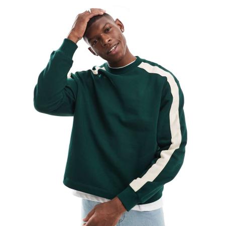 ASOS DESIGN - Oversized recht sweatshirt met contrasterende biezen aan zijkanten in donkergroen