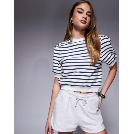 ASOS DESIGN Gestreept T-shirt van sweaterstof met korte mouwen in blauw en wit-Veelkleurig