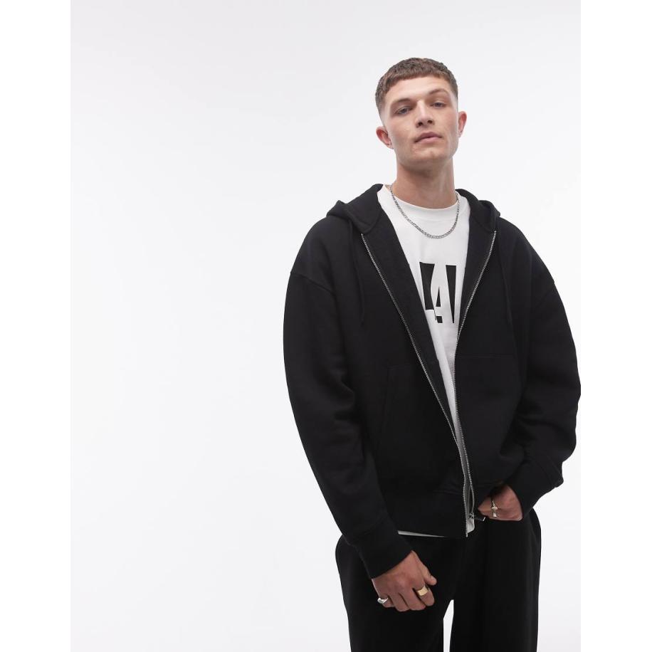 Topman - Oversized hoodie met rits in zwart Zwart