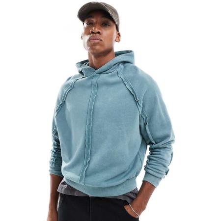 ASOS DESIGN - Oversized rechte hoodie met naaddetail in blauw met wassing