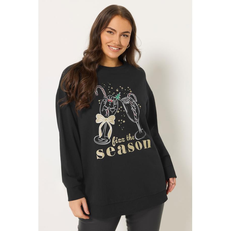Yours Curve Zwarte 'Fizz The Season' Glitter Kerst Nieuwigheid Sweatshirt Size 58-60 Zwart