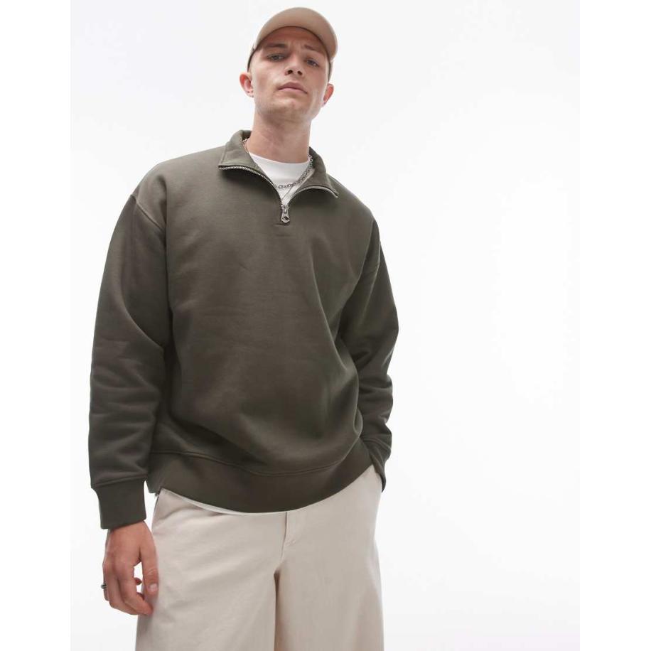 Topman - Oversized sweatshirt van premium zware stof met 1/4 rits in kaki-Groen Groen