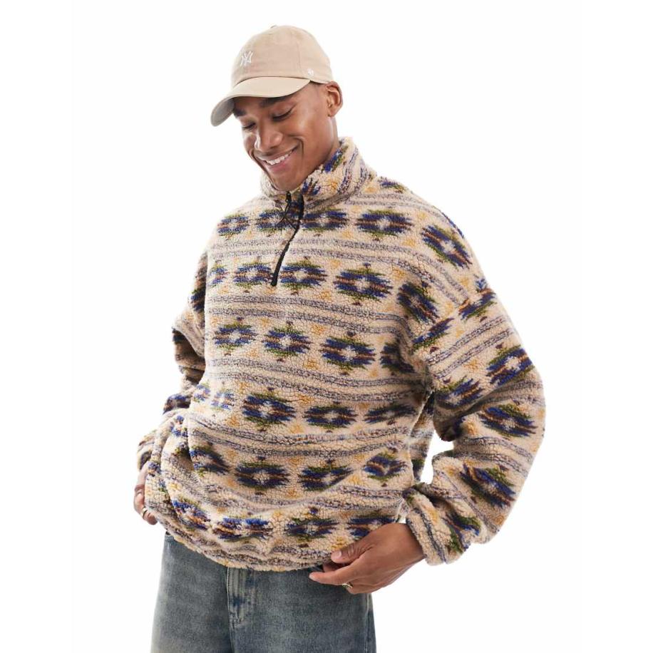 Jack & Jones - Sweatshirt van zware borg met print en korte rits in beige-Neutraal Multicolor