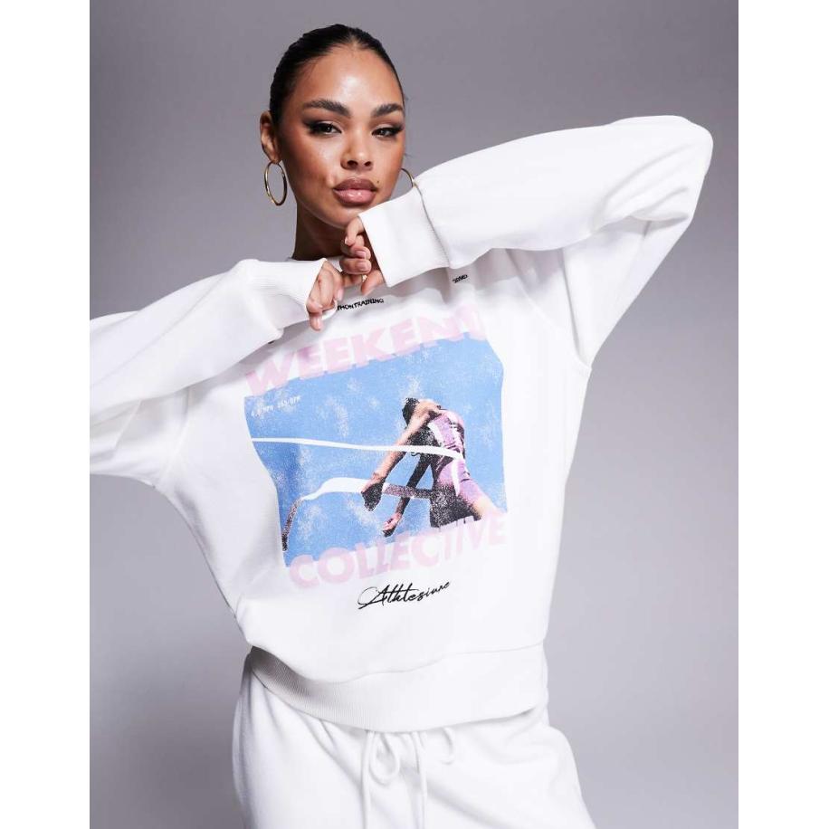 Weekend Collective Sweatshirt met textuur en runner-print, deel van co-ord set-Wit Wit