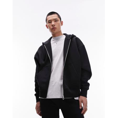 Topman - Premium oversized hoodie van zware kwaliteit met ritssluiting in zwart