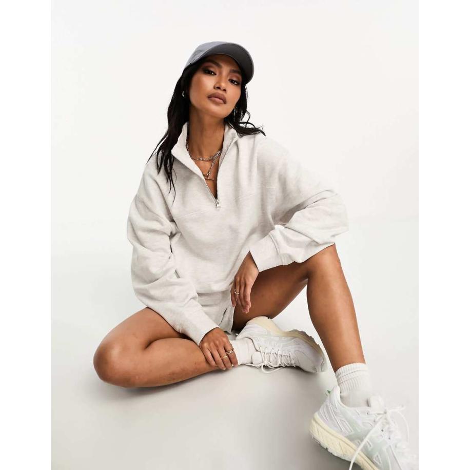 ASOS DESIGN Sweatshirt met korte rits in gemêleerd ijsgrijs, deel van co-ord set Grijs