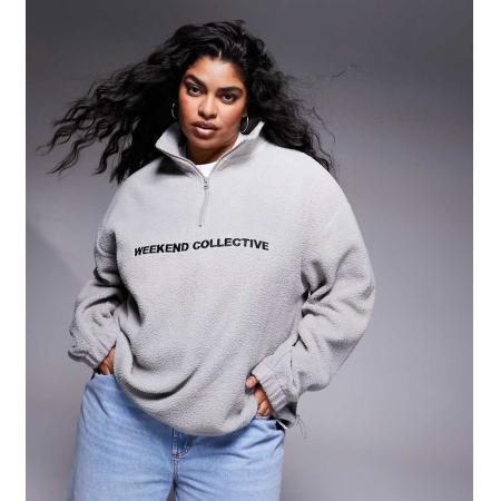 Weekend Collective Curve Fleecetrui van borg met halve rits en logo in gemêleerd grijs