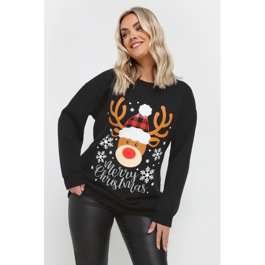 Yours Curve Zwart Rendier 'Merry Christmas' Slogan Sweatshirt Size 58-60 Zwart