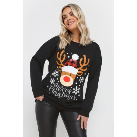 Yours Curve Zwart Rendier 'Merry Christmas' Slogan Sweatshirt Size 58-60