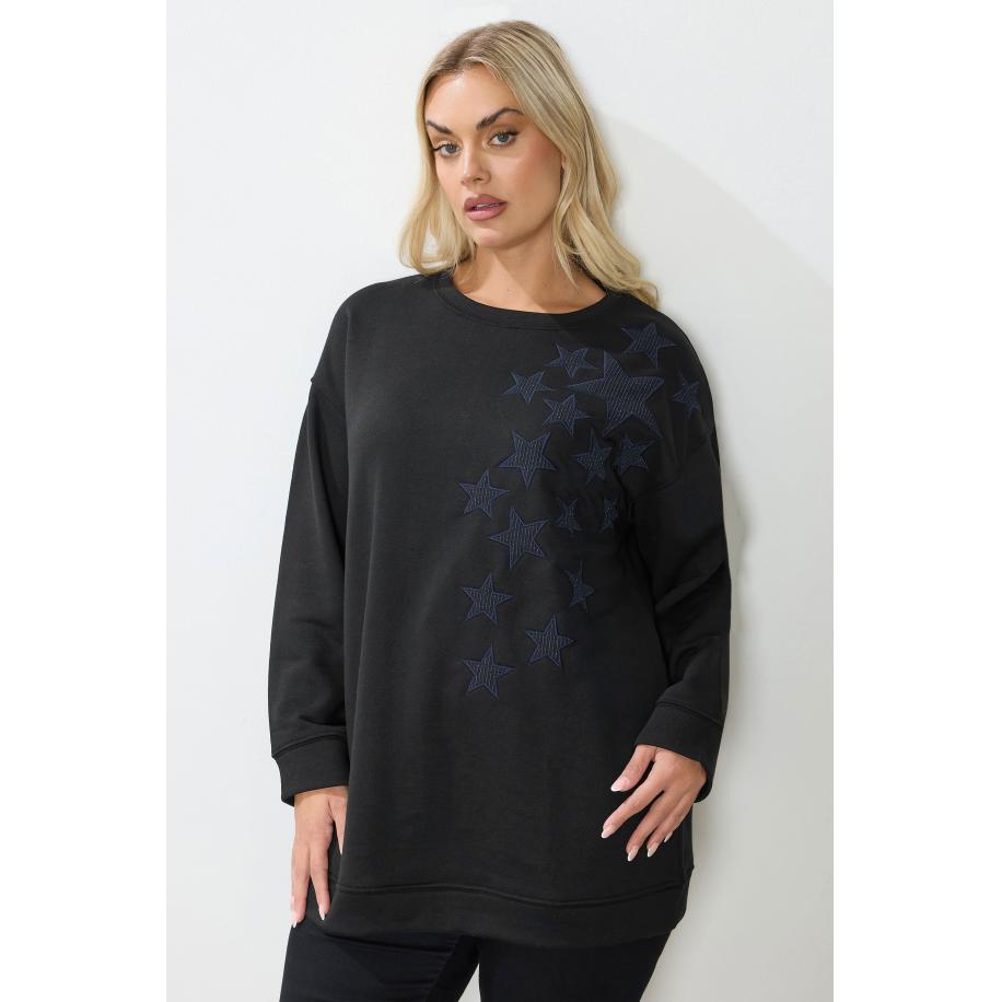 Yours Curve Zwart Metallic Ster Geborduurd Sweatshirt Size 58-60 Zwart