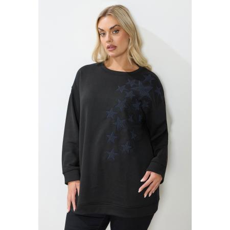 Yours Curve Zwart Metallic Ster Geborduurd Sweatshirt Size 58-60