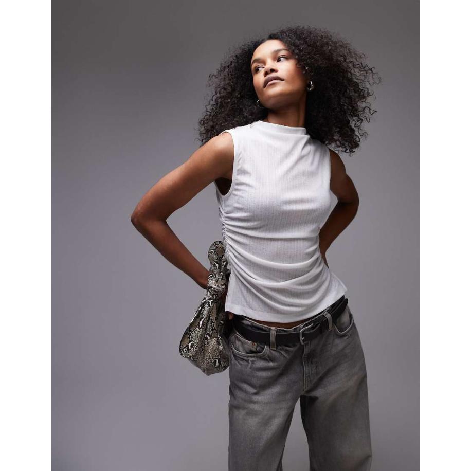 ASOS DESIGN Gerimpelde hoogsluitende tanktop in ivoorwit Wit