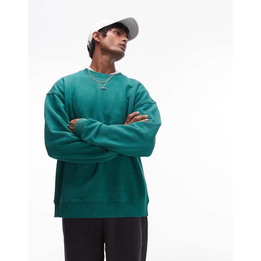 Topman - Oversized sweatshirt in groen met wassing-Rood Rood