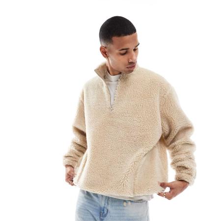 ASOS DESIGN - Oversized hoodie van borg met kwartrits in ecru-Wit