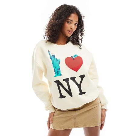 ASOS DESIGN Sweatshirt met geborstelde binnenkant en grafische New York-print in ecru-Wit