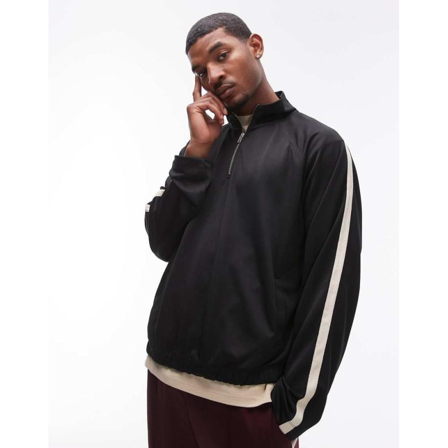 Topman - Oversized sweatshirt met opstaande boord met 1/4 rits en biesdetail in zwart Zwart
