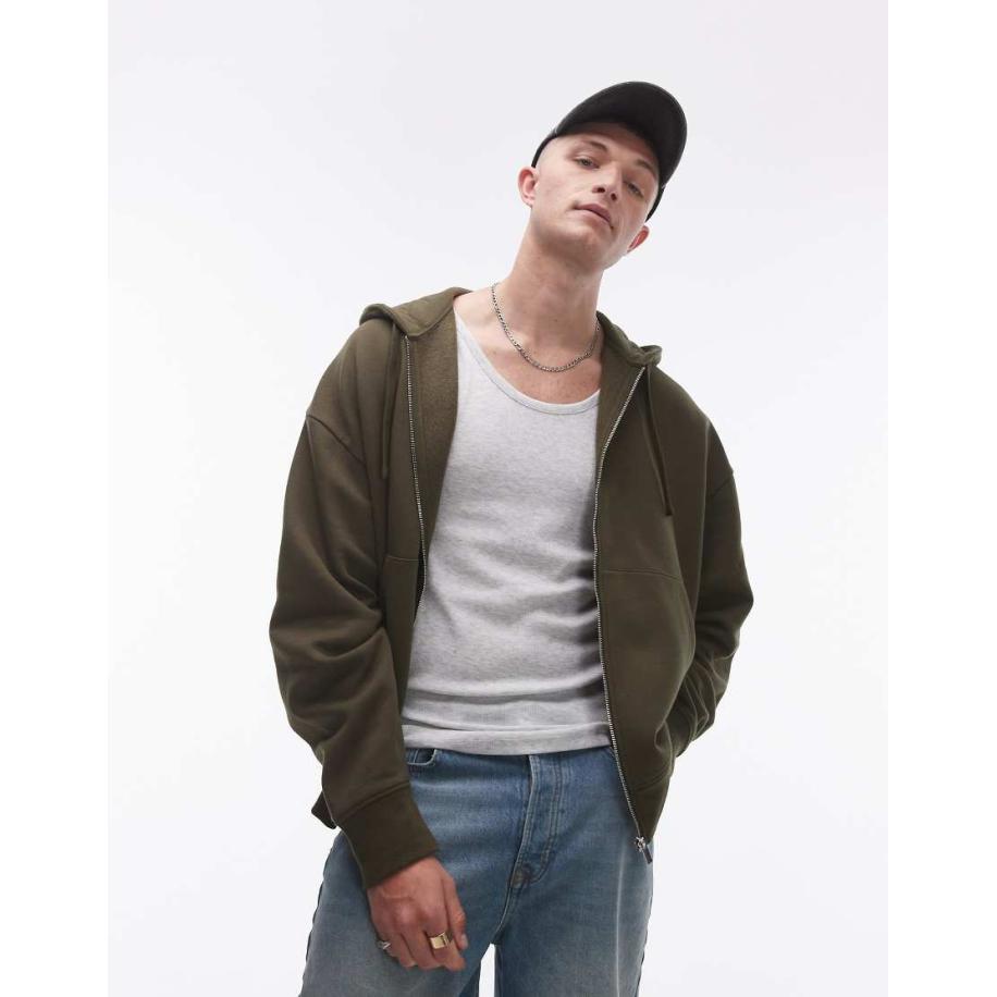 Topman - Oversized hoodie met rits in kaki-Groen Groen