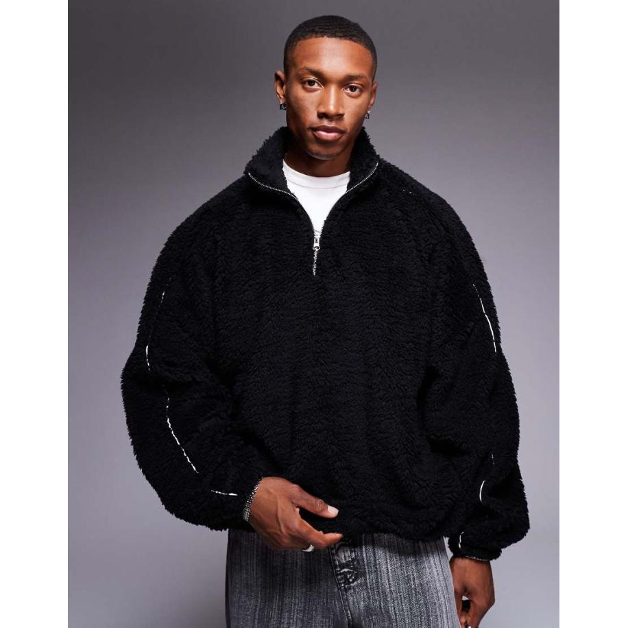 ASOS DESIGN - Extreem oversized sweatshirt van borg met kwartrits en biezen in zwart Zwart