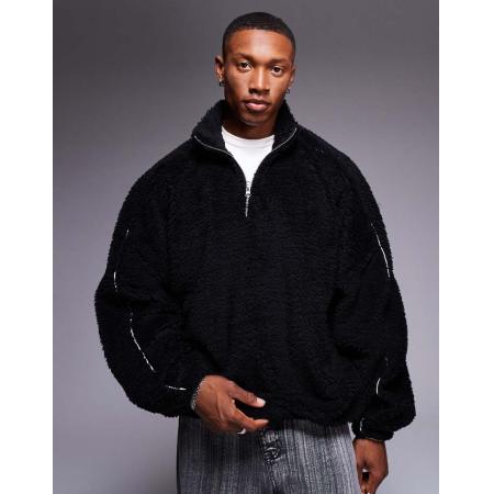 ASOS DESIGN - Extreem oversized sweatshirt van borg met kwartrits en biezen in zwart