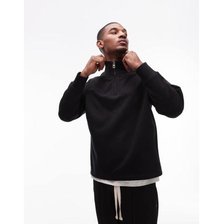 Topman - Oversized premium sweatshirt van zware kwaliteit met 1/4 ritsje in zwart